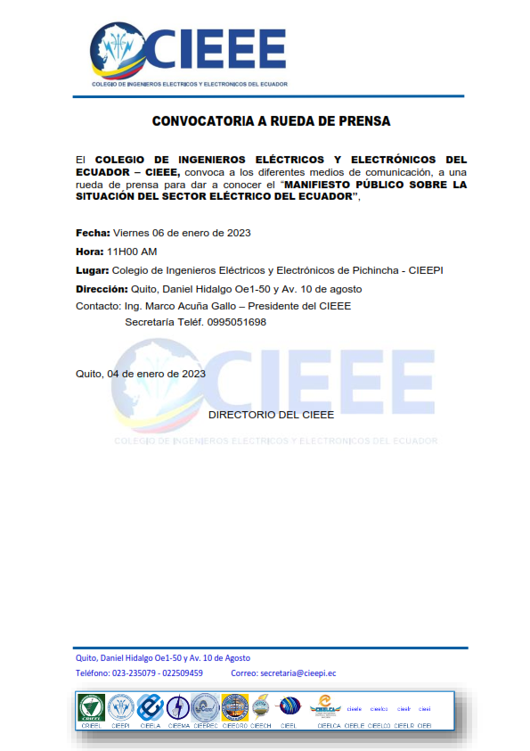 cieeecuador's tweet photo. Invitamos a los medios de comunicación en general a la rueda de prensa del Colegio de Ingenieros Eléctricos y Electrónicos del Ecuador a efectuarse el día Viernes 06 de enero a las 11:00 am @EcuavisaInforma
 @Teleamazonas24H
 @tctelevision
 @elcomerciocom
 @lahoraecuador https://t.co/O9VNv8Ewqu