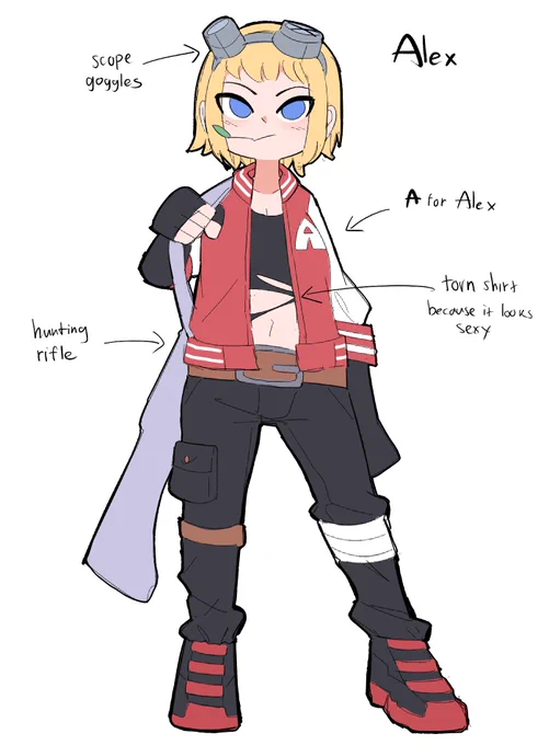 Alex reference. She's a hunter who's good with different type of ranged weapons as well as traps. She has a laid back personality, likes to joke around and tease her friends. 