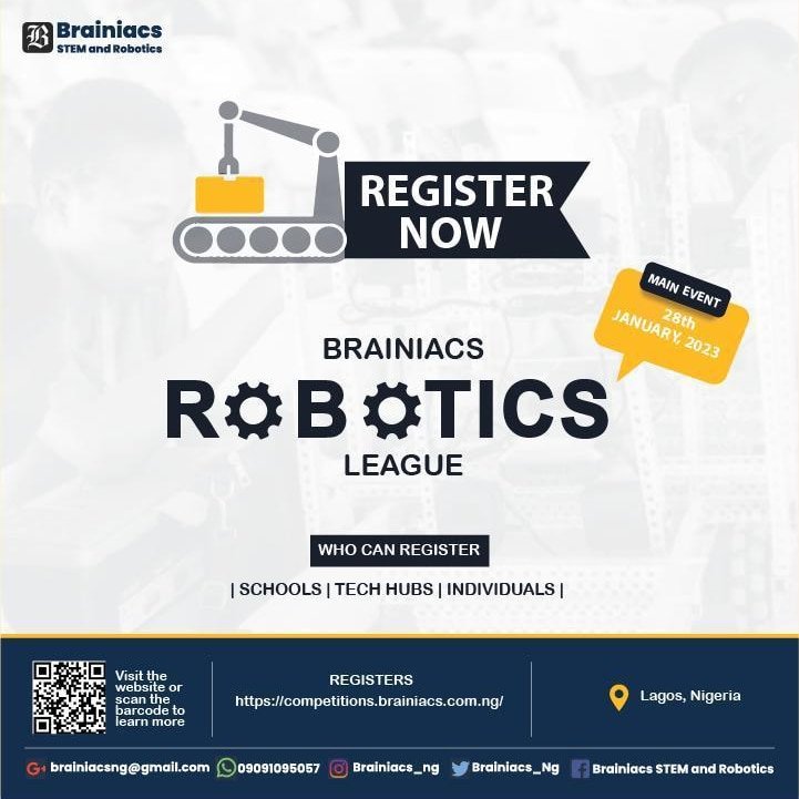 Brainiacs_Ng's tweet image. You asked and we have answered.

Individuals can now register and participate in the Brainiacs Robotics League Competition.

Are you a Tech-Champ? Own your spot competitions.brainiacs.org.ng

Or call/WhatsApp 09091095057 to learn more.

#techchampions #programming  #roboticssolutions