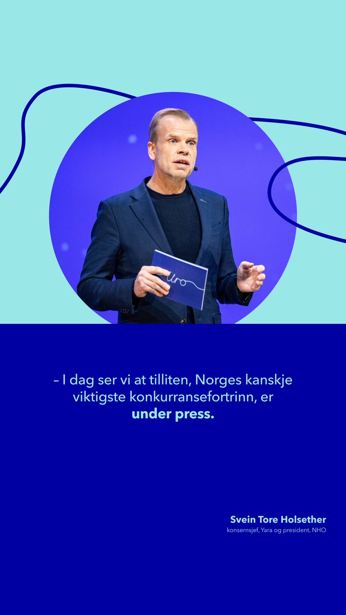 Svein Tore Holsether, sjef i @yara og president i NHO, startet akkurat #ÅK23. Og han startet med kloke ord: I en verden som blir stadig mer volatil og uforutsigbar, har vi her til lands er sikkert kort: Den norske modellen. @stholsether