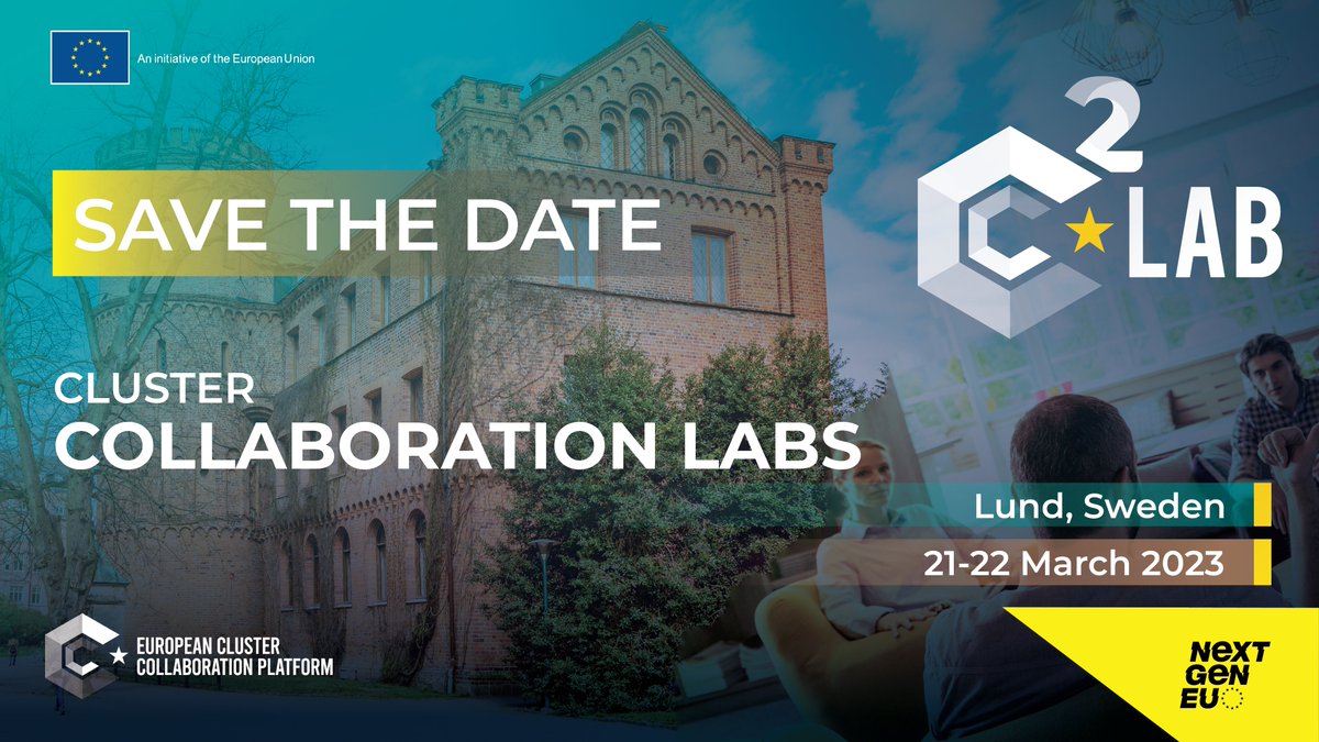 Clusters_EU's tweet photo. 🔔#C2Labs are back!
🗓️Save the date: 21-22 March 2023 in📍Lund, Sweden🇸🇪
Meet new partners👥team up across regions or countries🤝and define your new project in a collaborative environment!
ℹ️👉 https://t.co/jGEK94d5Zl https://t.co/v5O0hkjWNe