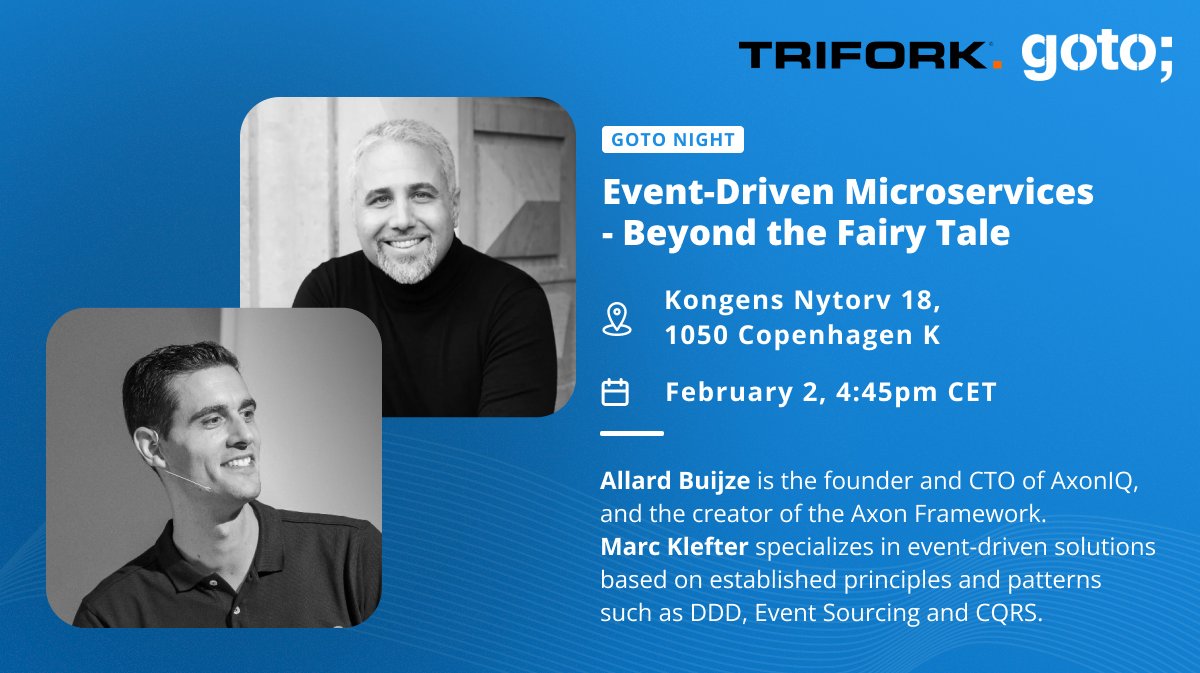 GOTOcon's tweet photo. Calling our Copenhagen crowd to come for #GOTOnight with @allardbz and @marcklefter on Feb 2!
Learn how message-driven communication helps to focus on finding the boundaries of functionally cohesive components, which can be evolved into #microservices
https://t.co/50PTaqlncf https://t.co/PyLgQXdJnl