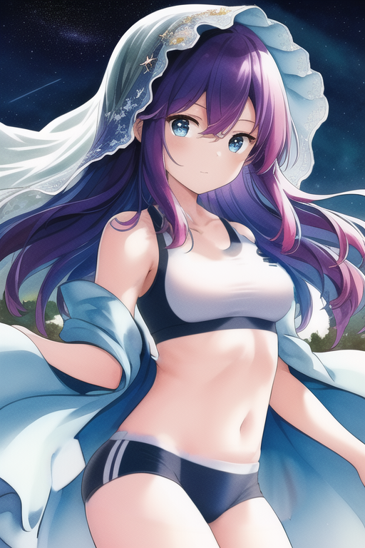 例えば表情はポーズはそのままに、服装だけを変えたい場合は雑に着ている服全体を塗りつぶして、たとえば [sports bra] と指定するとスポーツブラを服装にしているイラストを再生成することができます。