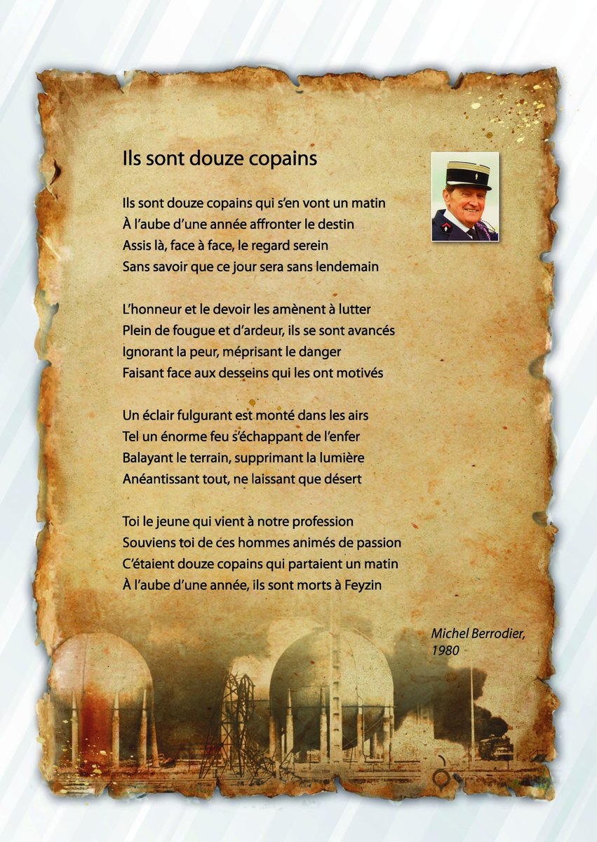 SDMIS69's tweet photo. [TEMOIGNAGE]

Témoignage d'un ancien sapeur-pompier de Lyon, Michel BERRODIER, en l'honneur de ses camarades morts lors de la catastrophe de Feyzin le 4 janvier 1966. 

Ce poème est un symbole du devoir de mémoire et illustre l'esprit de camaraderie au sein de la corporation. https://t.co/vn1FlbaL4N