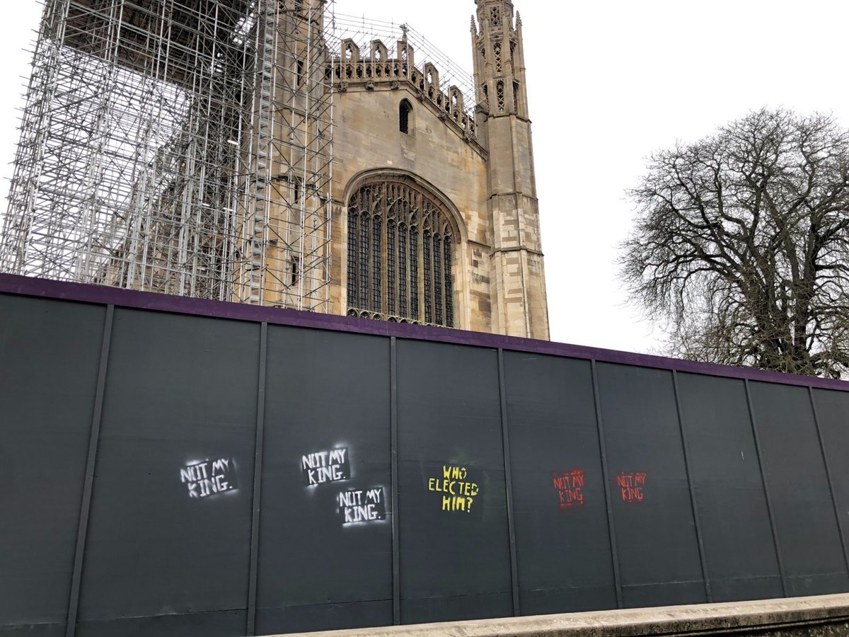 We've decorated Kings College Cambridge to draw attention to the ongoing state crackdown on dissent against the monarchy. #NotMyKing #DefendDissent