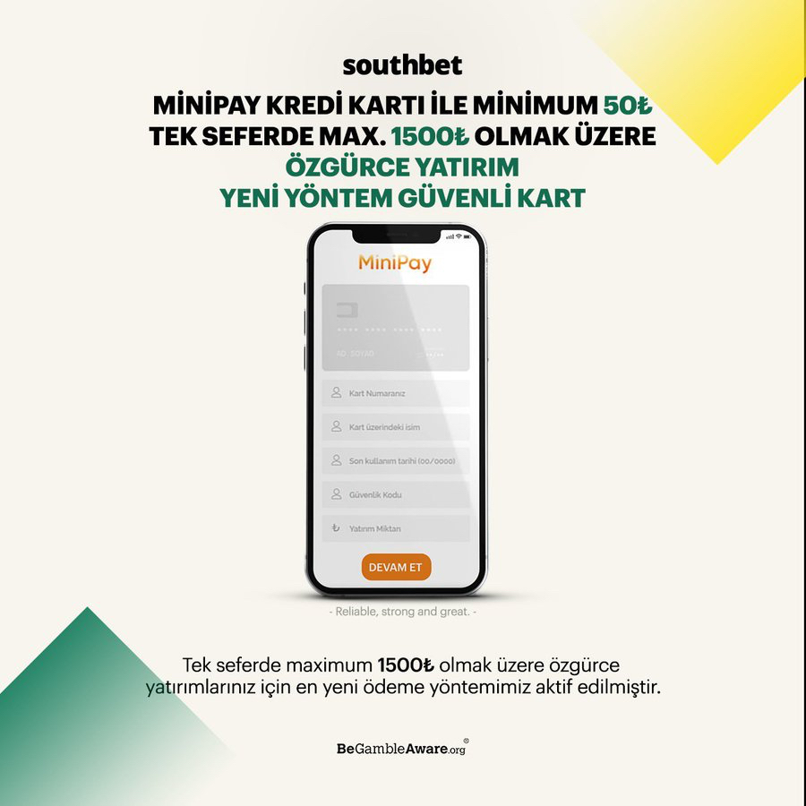 ☘️ South’da yatırım miktarınızın önemi yok; limitsiz kazanabilirsiniz.

Yeni yatırım yöntemimiz “MiniPay Kredi Kartı” ile güvenle yatırım yapabilirsiniz.

💳 Minimum 50₺ , maximum ise tek seferde 1500₺ olmak üzere özgürce yatırım yapabilirsiniz.

🟡   SouthBet.club