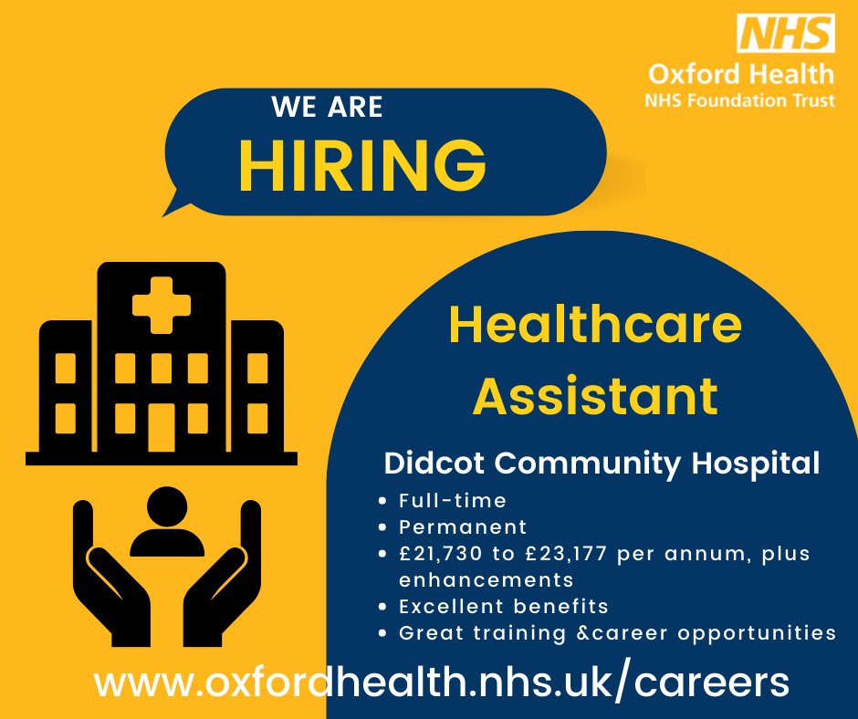 OHFTCareers's tweet photo. Didcot Community Hospital are looking for a caring and compassionate Healthcare Assistant to join their friendly and supportive team.
Apply now - https://t.co/mzY3vqaQSx
Closing date – 19th January 2023
#oneohft #workwitus #didcot #nhsjobs https://t.co/8taV4ub7tX