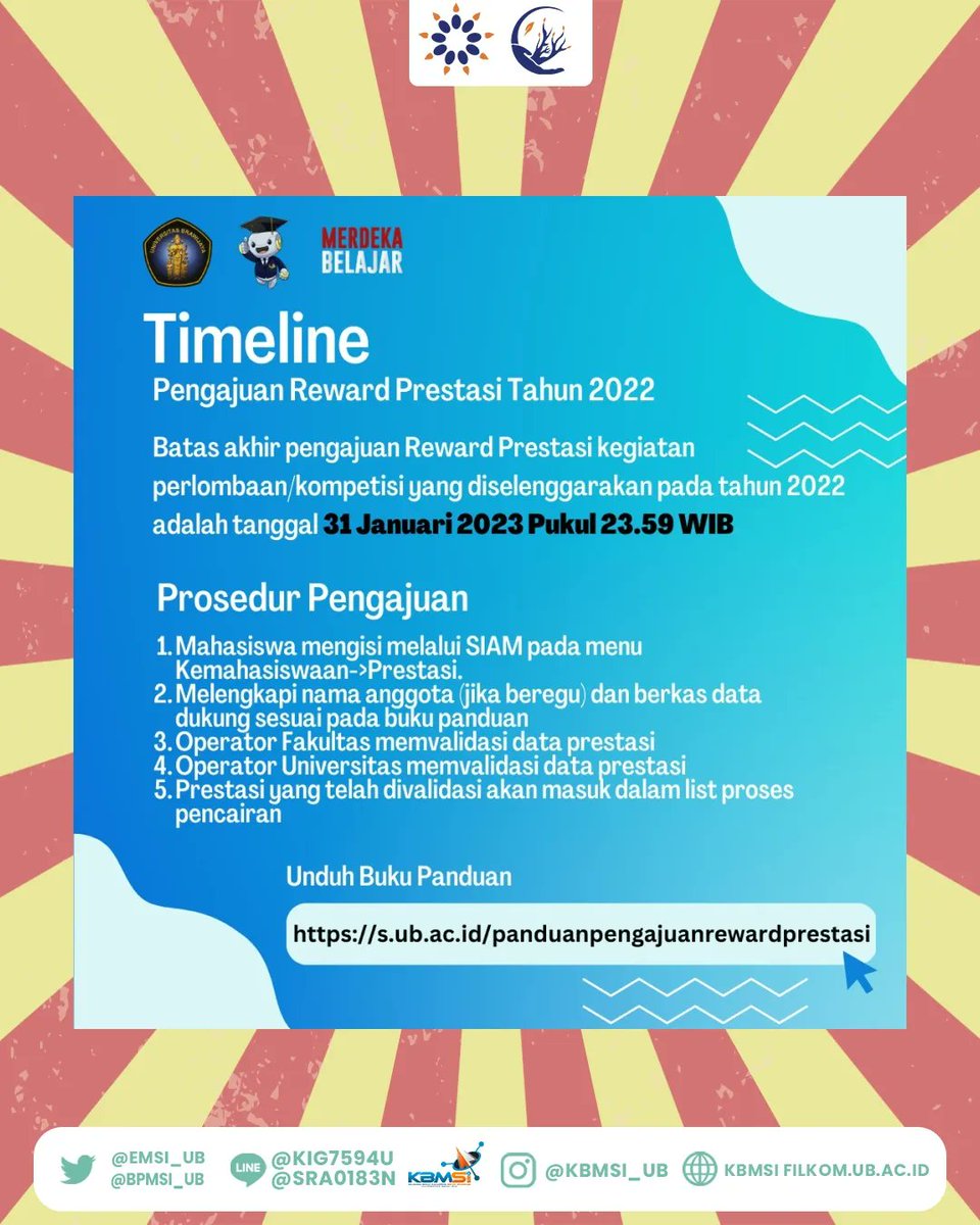emsi_ub's tweet photo. [PENGAJUAN REWARD PRESTASI TAHUN 2022]

Ada informasi terbaru nih terkait pengajuan reward prestasi perlombaan/kompetisi di tahun
2022, yang dapat dicek langsung di ig @kbmsi_ub!

SI JAYA!

#KolaboraSIBeraksi
#DemokraSIBeraksi https://t.co/t6P3nYtxNh