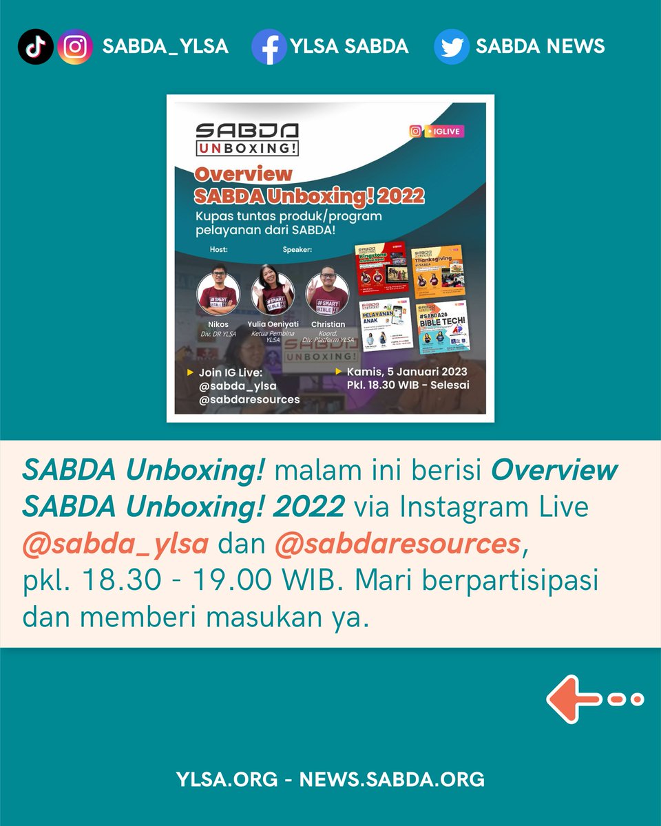 sabda_ylsa's tweet photo. Bersyukur untuk kasih setia Tuhan dalam setiap pelayanan yang kita kerjakan. Mari simak bersama kegiatan-kegiatan SABDA sepanjang hari ini dalam SABDA Daily 5 Januari 2023!
Untuk mendapatkan info selengkapnya, mari kunjungi https://t.co/uBRpNvuUjd!
#news #SABDA #YLSA #daily https://t.co/45QNhqp53B