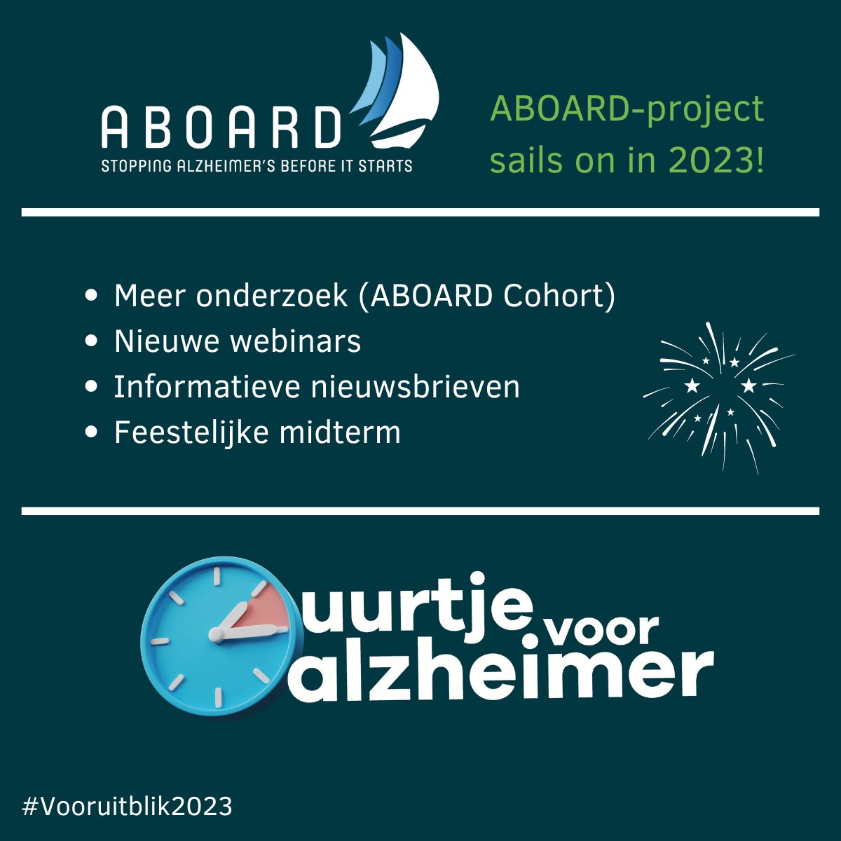 AlzheimerAms's tweet photo. โจGelukkig nieuwjaar vanuit #ABOARDproject! In 2023 gaan onze onderzoeksprojecten vol energie door. Ook gaat nieuw project #ABOARDcohort van start, een landelijk initiatief om meer inzicht te krijgen in het verloop van #alzheimer. Nu al benieuwd? Kijk op https://t.co/52HKZcAKze. https://t.co/FlGrWxcAI1