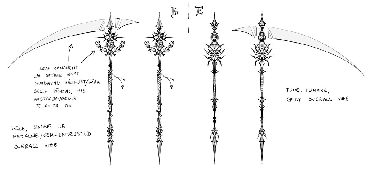 designed some weapons for our dnd campaign :) a zweihänder that turns into a whip and a magic staff that turns into a scythe 