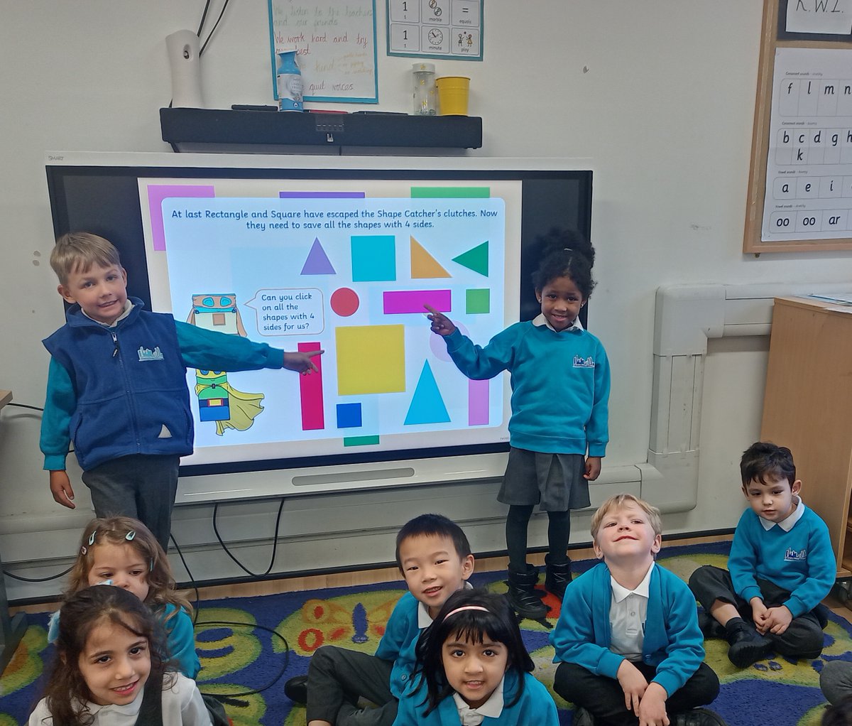 It's the first day of term and Reception are excited to be back in the classroom. We have launched into the Spring term on a quest for quadrilaterals and learnt that a quadrilateral is a shape with four sides!