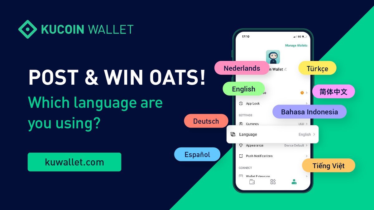 HaloDotSocial's tweet photo. 🥳#KuCoinWallet supports 8 languages now!

Choose your preferred one. Post to win a share of 1,000 #GalxeOATs!

To win:
✅Follow @KuWallet
✅RT with a screenshot of your profile page + tag 3 friends
✅Submit your address: https://t.co/uwQAVkfqJq

⏳Valid in 72 hrs

Join now! https://t.co/4knfPy4XC2