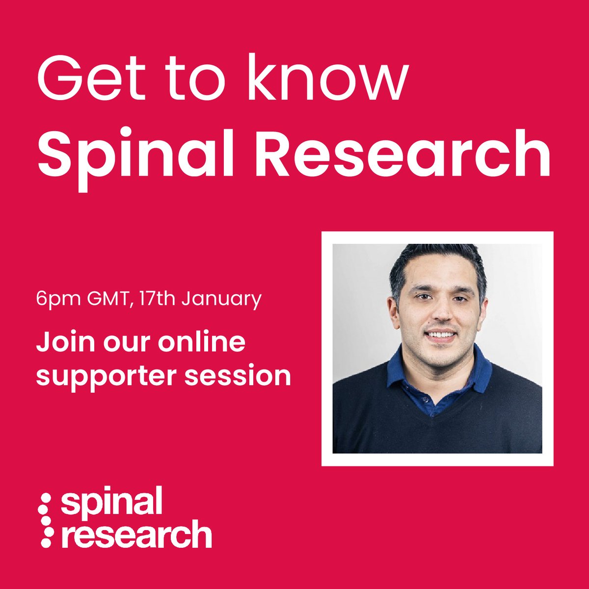 SpinalResearch's tweet photo. Spinal Research is holding our first supporter session of 2023 at 6pm GMT on Tuesday 17th January, led by our Chief Executive, Harvey Sihota.
Find out more and sign up here: https://t.co/XS8qIcek7P
#spinalresearch #beatparalysis #spinalcordinjury https://t.co/DObyNYoHAd