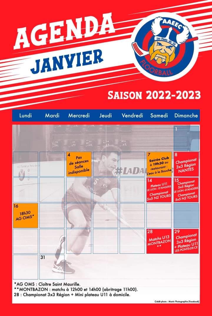 [Calendrier] Janvier 2023

Un début d'année chargé pour le club avec des rendez-vous importants pour la suite de la saison 😉🙏

<a href="/JPPavillon/">Pavillon</a> <a href="/David__COLIN/">David COLIN</a> <a href="/RaveleauRene/">R. Raveleau</a> <a href="/v_guibert/">Vincent Guibert</a> 
<a href="/floorballFR/">France Floorball</a> <a href="/LaDalleAngevOFF/">La Dalle Angevine</a> #sportangers