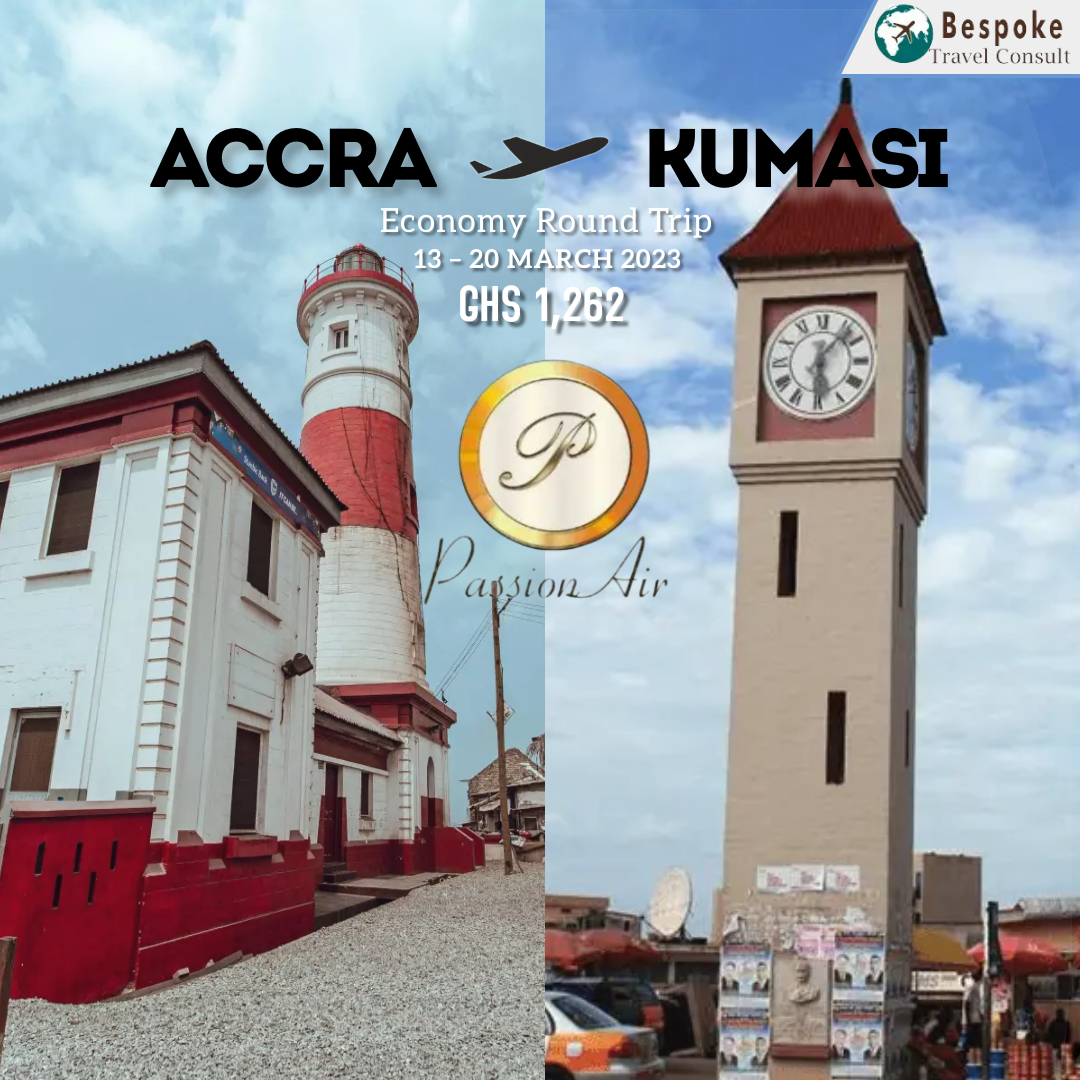 Kumasi to the world! Fare is available on 13 – 20 March 2023. T&C's Apply. Call or WhatsApp +233 262250170 for further enquiries.

#bespoketravelconsult #travelbookings #hotelreservation #carhire #airlinereservation #airlinereservation #BTC #Accra #Kumasi