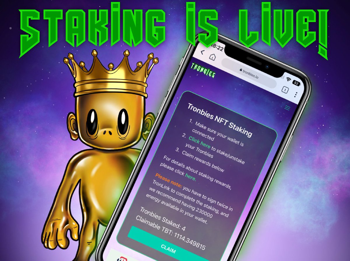 AjahOjiugo's tweet image. Few days into our NFT staking, we have recorded 195 NFTs staked that generate passive income in $TBT to our NFT holders.
You too can earn from this pot of passive income today through minting a @tronbies at tronbies.io 

#HORDES #TRON #NFT #STAKING #TRONBIES