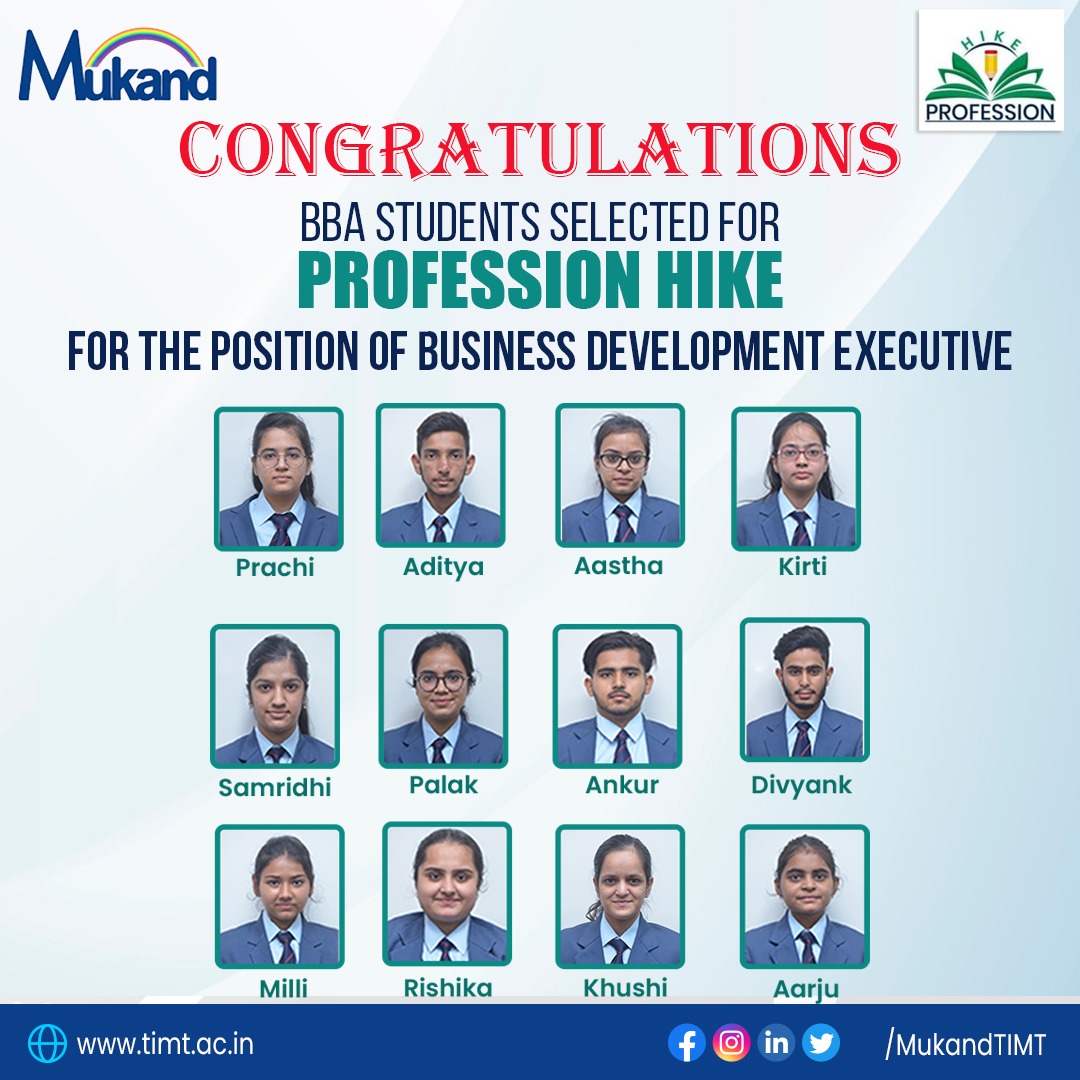 MukandTIMT's tweet photo. 12 #BBA Students have been placed in #Profession Hike for the position of Business Development Executive at package of 4.2 Lakhs.
Wishing them luck and have a great future ahead.
#Placement #TIMT #BBA #ProfessionHike #Chandigarh #Ludhiana #HighPackage https://t.co/20naB0PMup