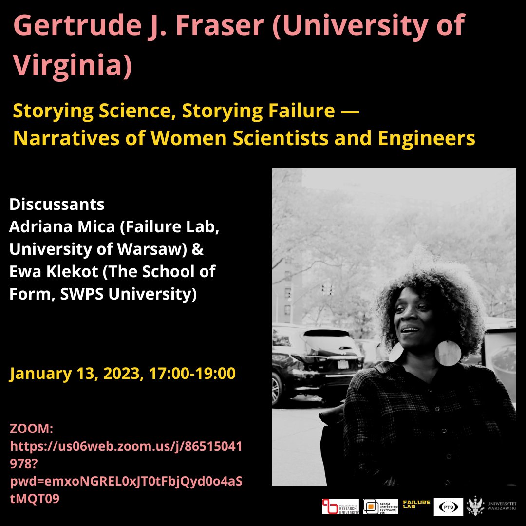 Adi_Mica's tweet image. January 13, 2023, 17:00-19:00 (online)
#Gertrude Fraser (@UVA) talks &quot;Storying Science, Storying Failure - Narratives of Women Scientists and Engineers&quot;
ZOOM: us06web.zoom.us/j/86515041978?…

Discussants: @Adi_Mica (#FailureLab) &amp;amp; Ewa Klekot #SWPS
@pts_ow 
@UniWarszawski #AnnaHoroletsUW