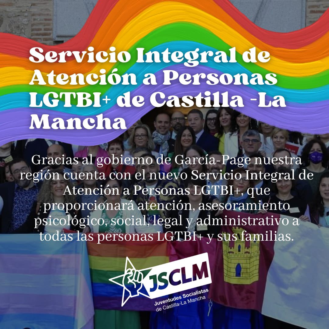 jjsscm's tweet photo. 🤔¿Sabías que gracias al Gobierno Socialista de #Page nuestra región es cada vez más inclusiva?

#CLM contará con el 1º Servicio de Atención Integral a Personas LGTBI+🏳️‍🌈🏳️‍⚧️, que ofrecerá asesoramiento y ayuda legal, psicológica, administrativa y social a todo el colectivo LGTBIQ+. https://t.co/A8D9X4WmaT