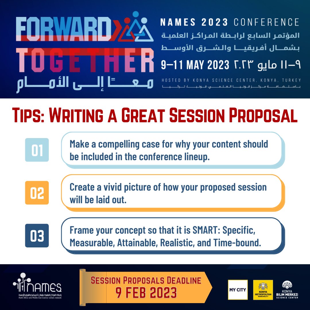NAMESnetwork's tweet photo. #NAMES2023 #CallForSessionProposals is open from 1 December 2022 to 9 February 2023.
https://t.co/PWsbeajDnv
Follow us for more tips on what to include in your session proposal.
#NAMES2023Conference takes place 9-11 May at @KonyaBilim
#NAMESnetwork #NAMESconference #SciComm https://t.co/VNOgh4I9pA