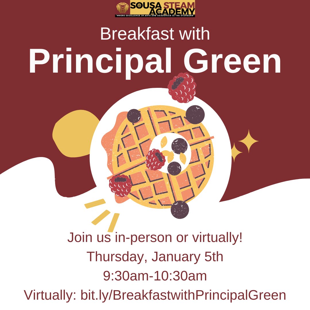 Hey Cobra Family! Caregivers, join us today from 9:30am-10:30am for Breakfast with Principal Green! Can't make it in-person? Join us virtually at bit.ly/BreakfastwithP…. See you all soon!
