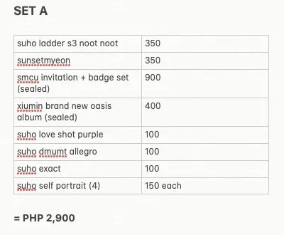 ʚïɞ #eli_bentables ꒰ wts lfb qs ph ꒱

↳ SET A ☁️

— Php 2,900
— see pic for pbd

t. exo suho pc photocard official noot noot ladder s3 hoodie sunsetmyeon smcu md dmumt love shot self portrait