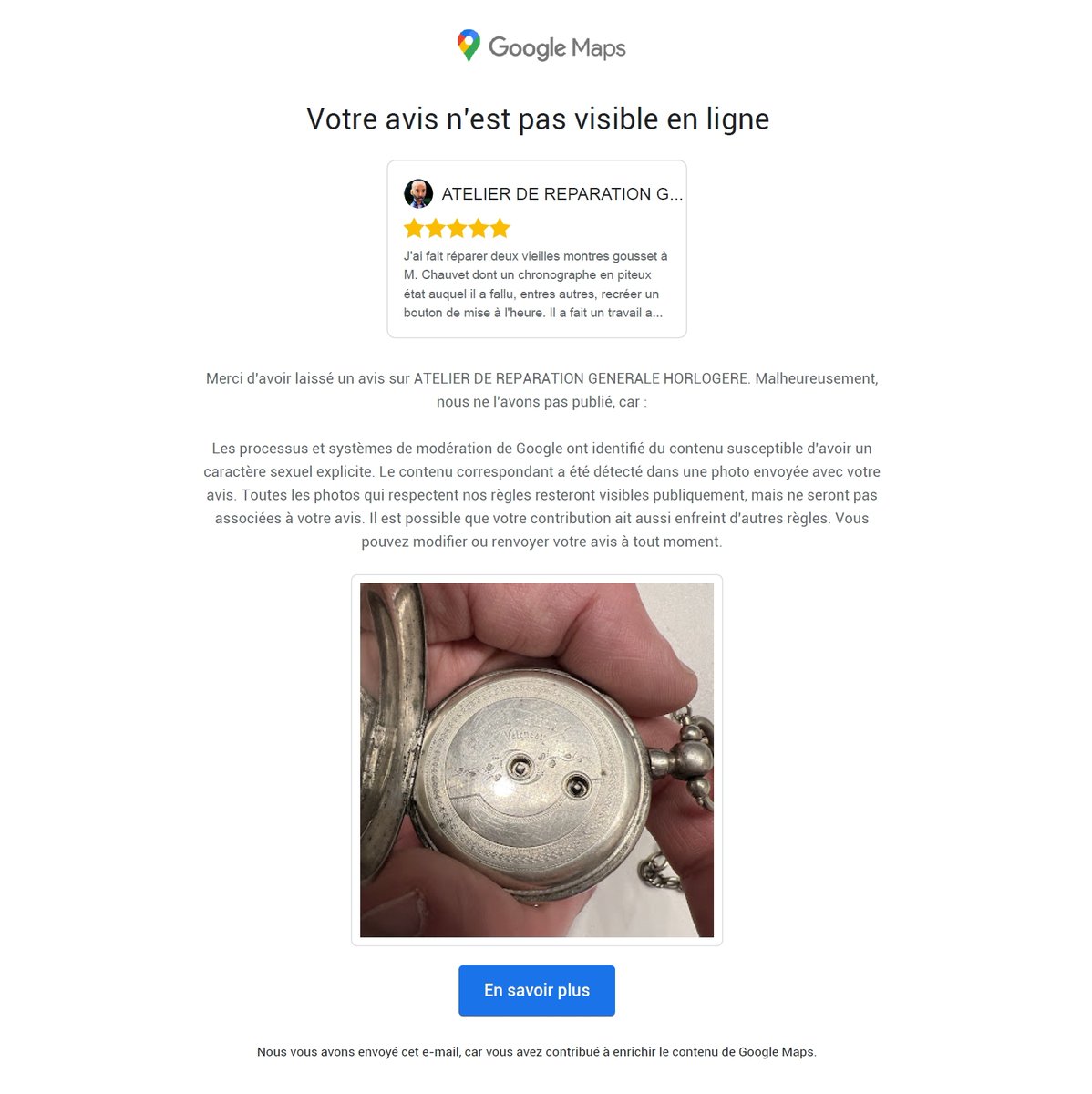 Chaton18's tweet photo. OK @GoogleFR , un être doué d'intelligence peut-il me dire ce qu'il y a d'explicitement sexuel dans cet avis ? 🤨 https://t.co/H5uzuOOoDV