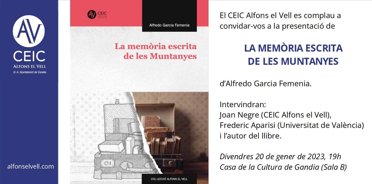 CEIC Alfons el Vell (@alfonselvell) on Twitter photo Divendres 20 de gener a les 19h, <a href="/joan_negre/">Joan Negre</a> i <a href="/fredericaparisi/">Frederic Aparisi</a> presentaran el treball de @DrPaleogralf "La memòria escrita de les Muntanyes" a la Casa de la Cultura de Gandia, editat pel CEIC Alfons el Vell. Divendres 20 de gener a les 19h, <a href="/joan_negre/">Joan Negre</a> i <a href="/fredericaparisi/">Frederic Aparisi</a> presentaran el treball de @DrPaleogralf "La memòria escrita de les Muntanyes" a la Casa de la Cultura de Gandia, editat pel CEIC Alfons el Vell.