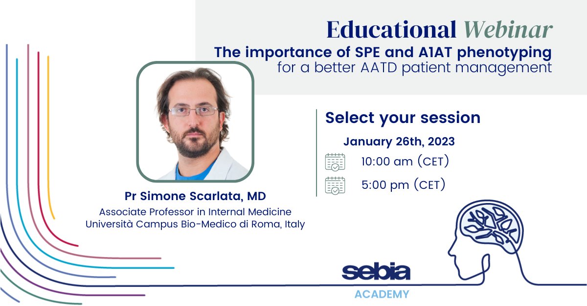Live webinar with Pr. Simone Scarlata, MD to learn more about the importance of #SPE and #A1AT phenotyping for a better #AATD patient management!
 
📅 Thursday, January 26th
⏰ 10.00 AM CET
⏰ 5.00 PM CET

Register 👉 tinyurl.com/yk5hhw3t
#electrophoresis #alpha1antitrypsin