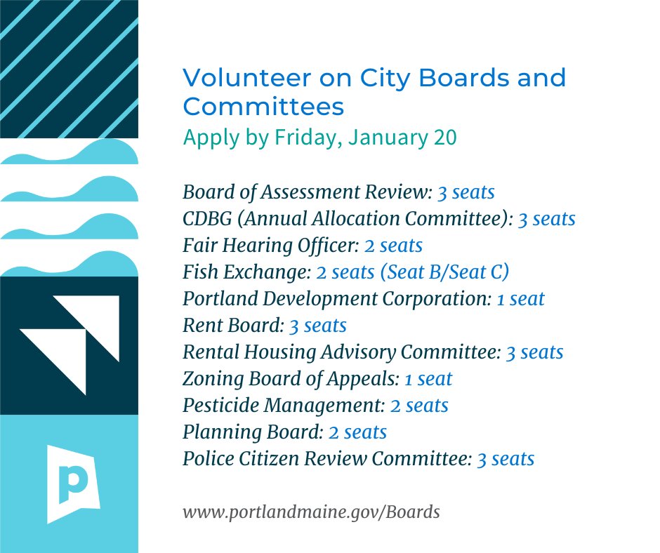 CityPortland's tweet photo. Get involved in the new year #PortlandMaine! Apply for a volunteer position on a City board or committee. Find position descriptions & application instructions via https://t.co/G3dm7eCYtw. Applications due Friday, January 20. Learn more >> https://t.co/5Zaq3Jyncv #ShapeYourCity https://t.co/28DcPbVR3Y