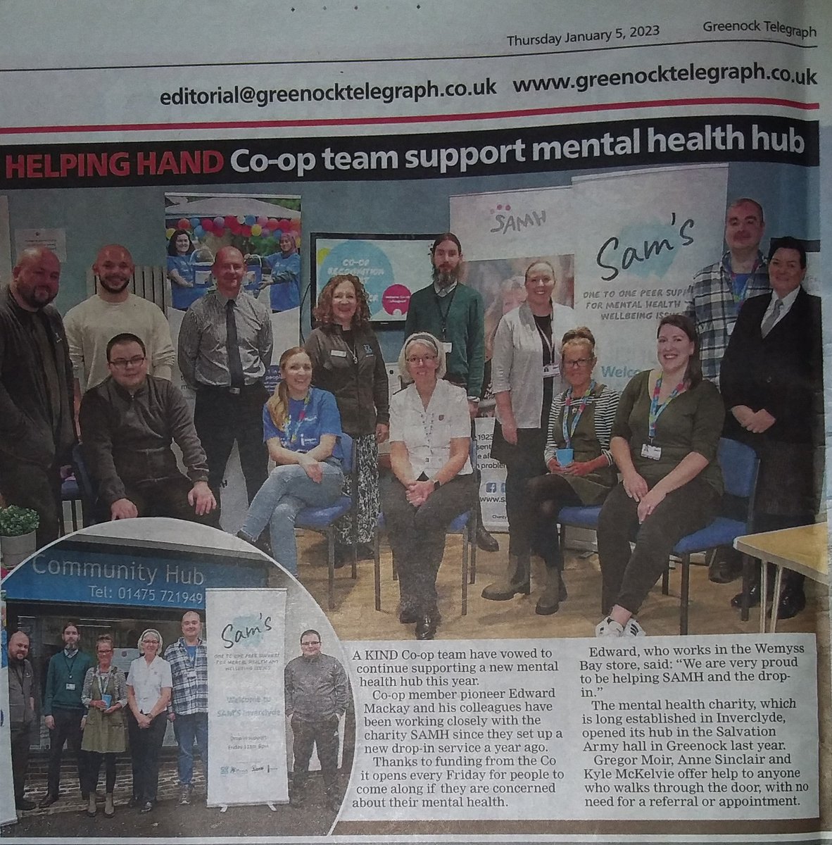<a href="/coopuk/">Co-op</a> 's support with <a href="/SAMHtweets/">SAMH</a> in Sam's Cafe was recognised in todays <a href="/greenocktele/">Greenock Telegraph</a>! A wonderful cafe staffed by a great wee team every Friday, free to anyone.

#ItsWhatWeDo