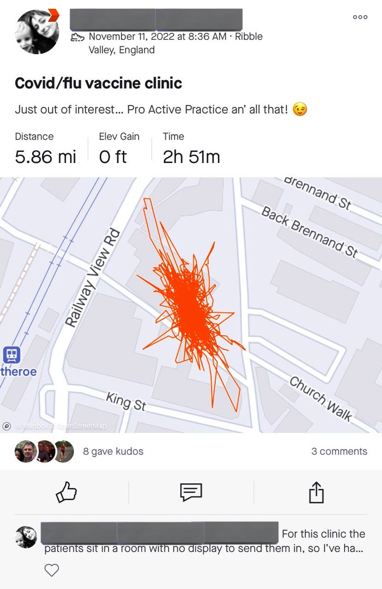 rigby92's tweet photo. This is from a nurse who I follow who decided to @Strava her Covid/Flu clinic.
No tannoy to call in patients.
Getting up and covering nearly 9 miles from consultation to waiting room!π
#ActivePractice https://t.co/vofqXC8R9a