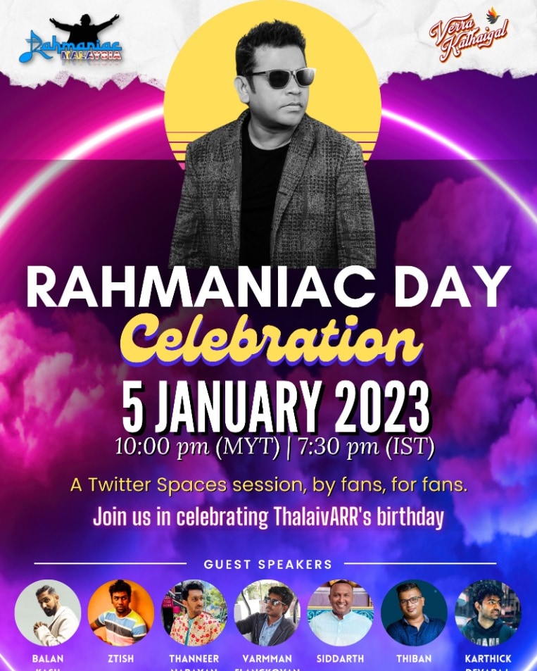 SithuSiddarth's tweet photo. Are you an AR Rahman fan?
Join me as I participate in Twitter Spaces session organized by @Rahmaniac_Msia and @verrakathaigal in conjunction with Rahmaniac Day Celebration. See you guys tonight @ 10pm.
@arrahman
You join in by the following link: https://t.co/hDitNq0bbn https://t.co/DlbVwjicMp