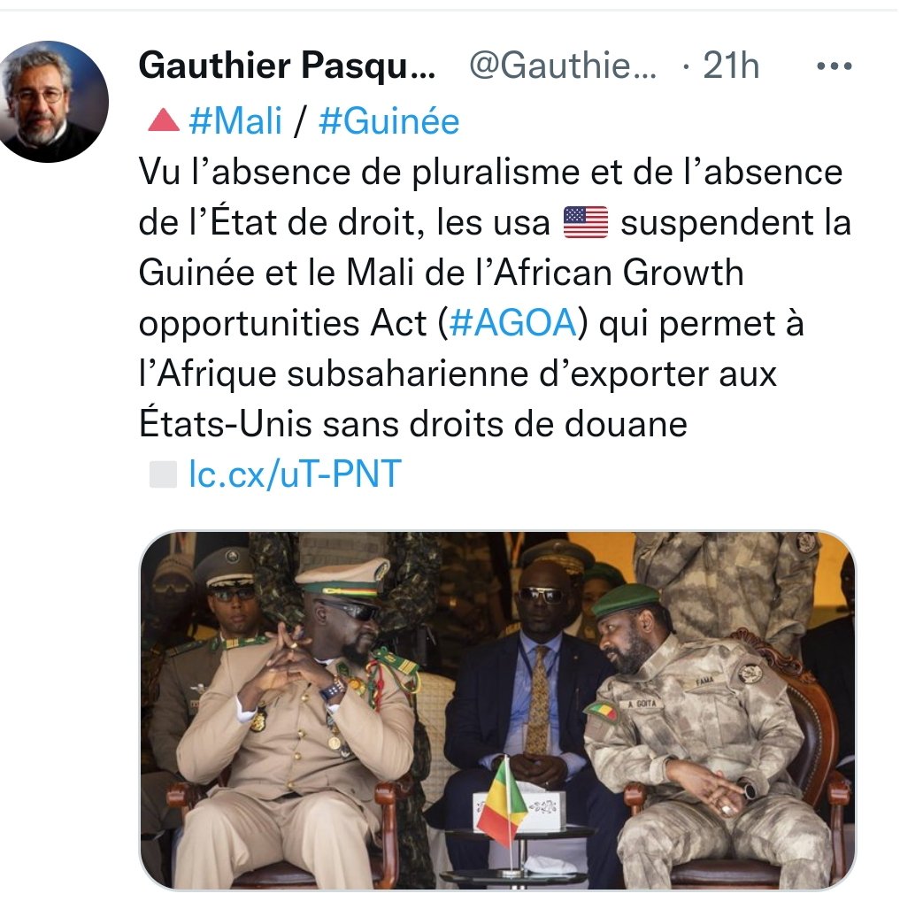 Les #USA suspendent la #Guinée et le #Mali de l'AGOA (African Growth Opportunities Act) pour absence de pluralisme et de l'État de droit, à quand la suspension de la #RCA des institutions de promotion de la #démocratie ?
N'oubliez pas mon pays ! 
<a href="/LMushikiwabo/">Louise Mushikiwabo</a>