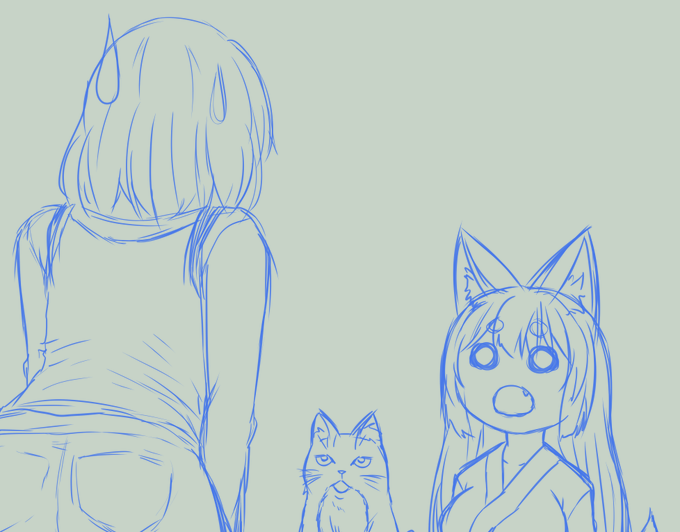 明日金曜なのをさっき知ったので急遽明日更新用のお狐様ラフ切り完了 