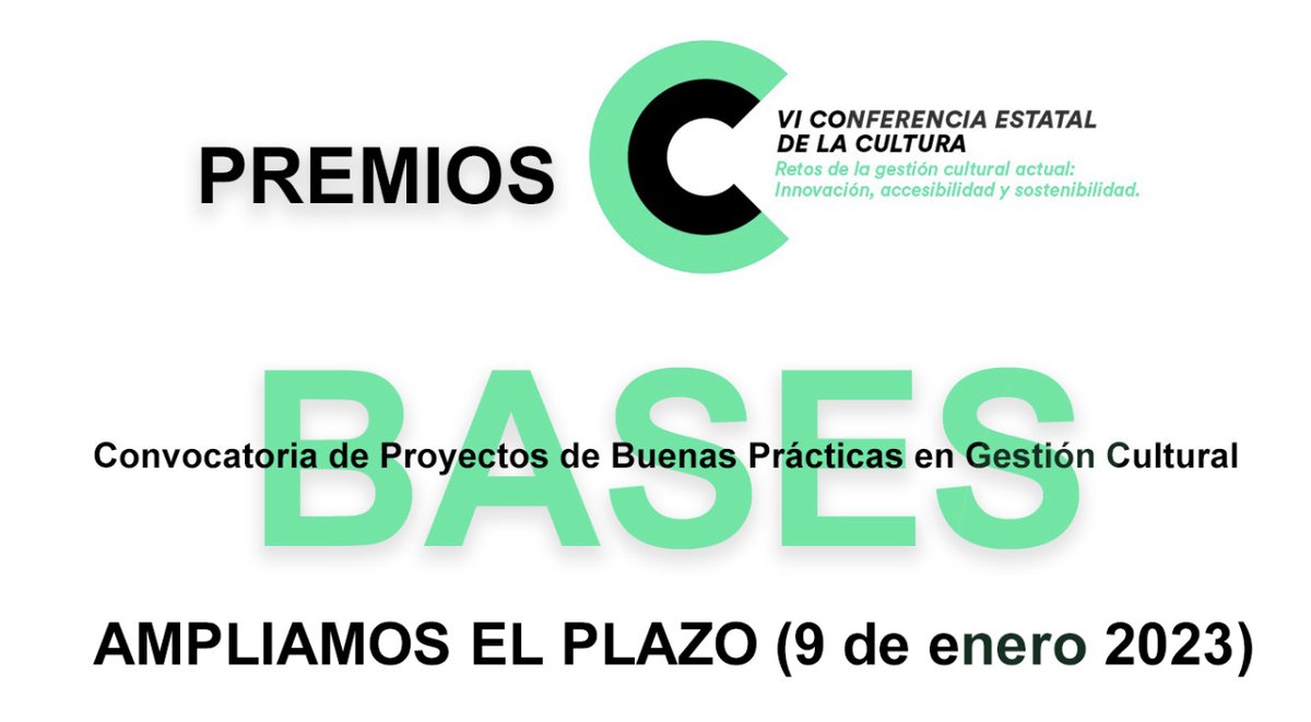 GcGestio's tweet photo. PREMI VI Conferència Estatal de la Cultura 
🌳Tens un projecte relacionat amb Bones Pràctiques en Gestió Cultural?

🔴 Comparteix-ho

Bases convocatòria: https://t.co/cgRMRkdxwC
#gestiocultural #Conferenciaestataldelacultura
@culturagob @dipvalencia @generalitat @AjuntamentVLC https://t.co/GRAqRPtRgJ