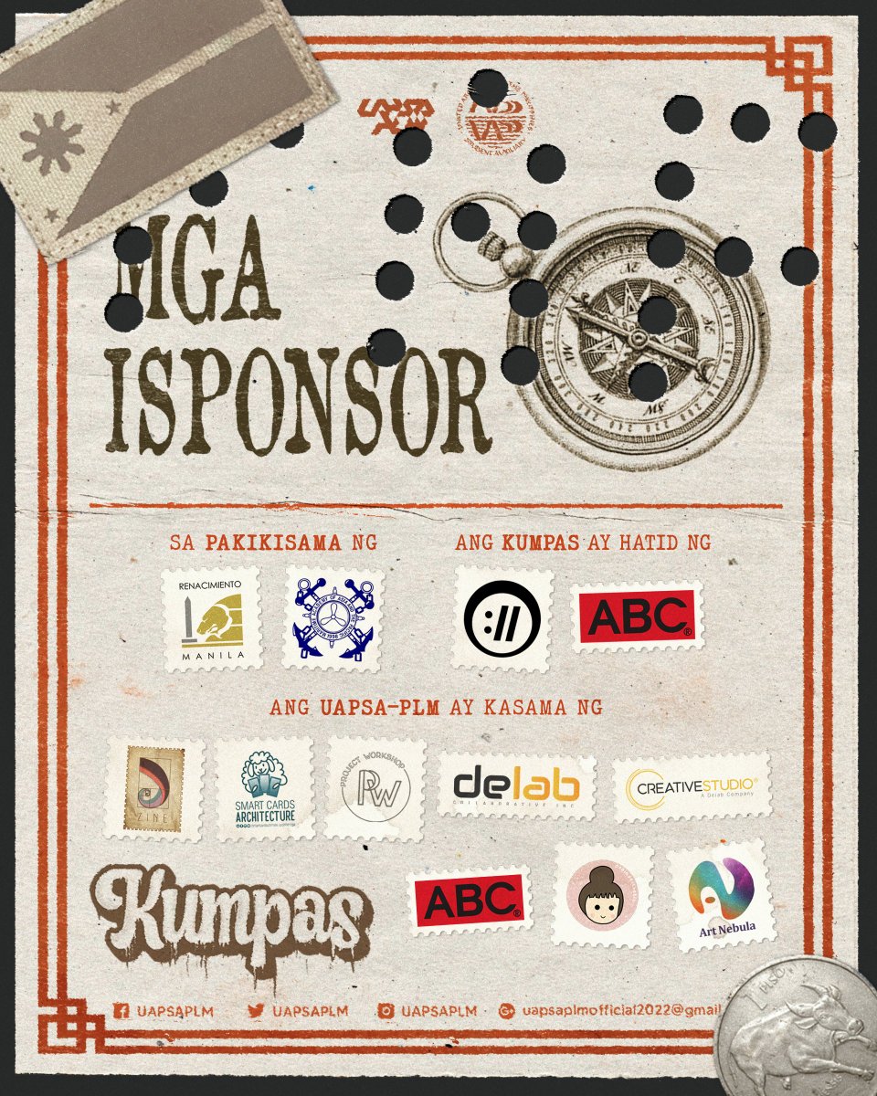 UAPSAPLM's tweet photo. Naging posible ang pagdiriwang ng Philippine Architecture Week sa taong ito sa tulong ng ating mga sponsors. Ang organisasyong UAPSA-PLM ay gustong magpasalamat sa sumusunod na sponsors sa kanilang bukas-palad na suporta sa ating kaganapan.
#KUMPASangCOMPASS
#NAW2k22
#UAPSAPLM https://t.co/LXY19Ygn7p