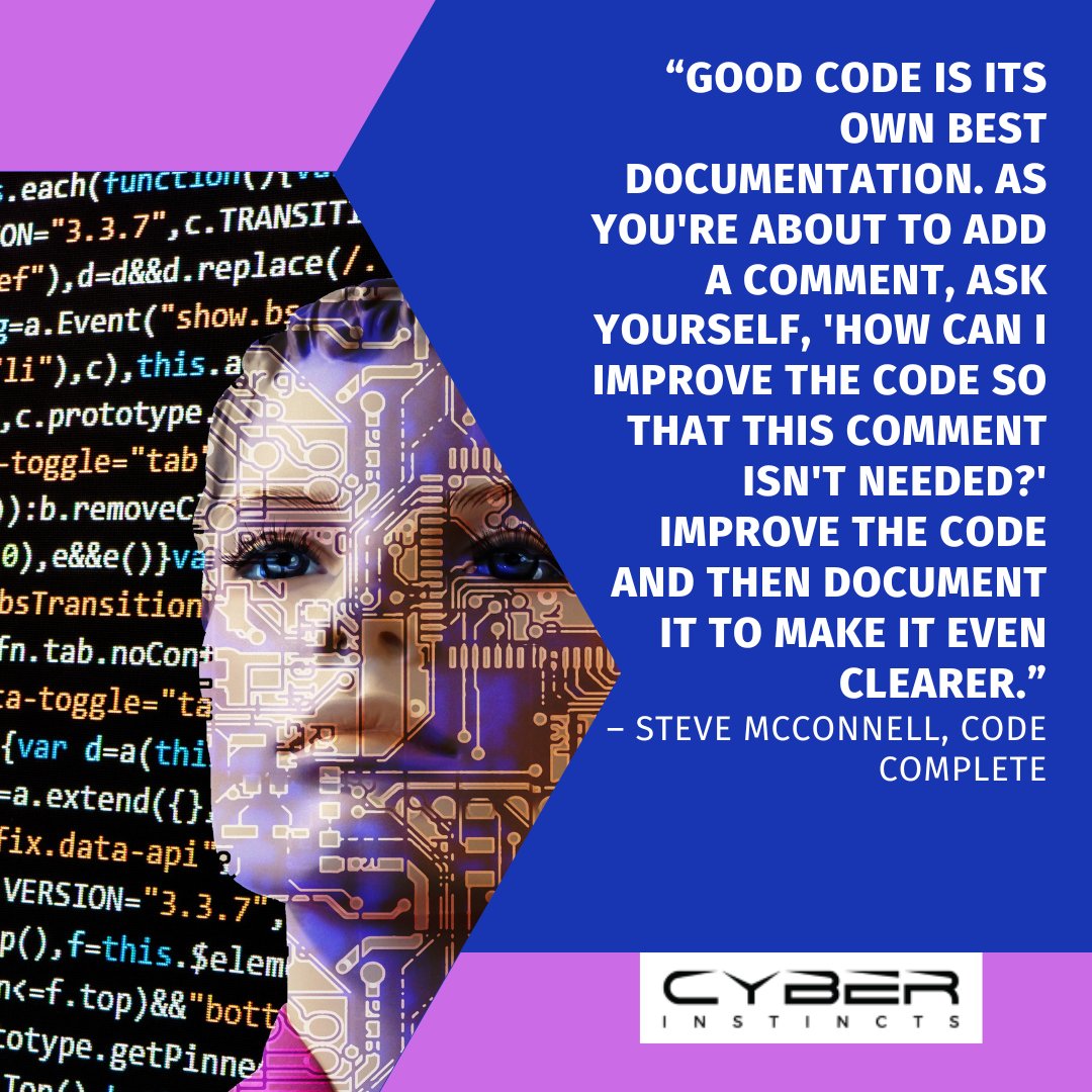 CyberInstincts1's tweet image. "Good code is its own best documentation...”
― Steve McConnell, Code Complete
#programmer #SteveMcconnell #codecomplete #python #developer #javascript #code #coder #technology #html #computerscience #codinglife #java #webdeveloper #tech #webdevelopment #Sweden #software
