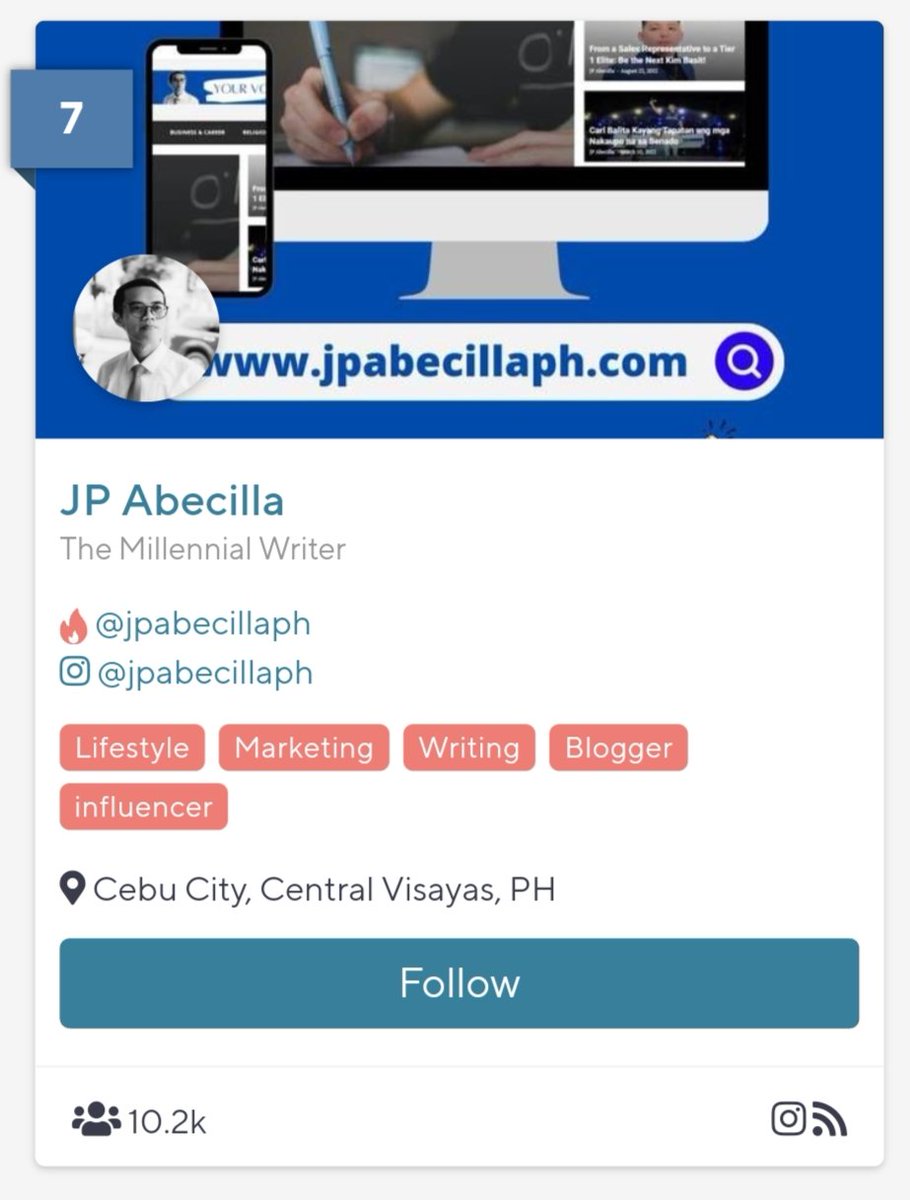 JPAbecillaPH's tweet photo. Wow, a good start for #Year2023!๐ฑ
Among the 232 Top Social Media #Influencers in Cebu, JP Abecilla is now in the Top 7 according to https://t.co/5c9hWHQO78. Thanks!๐๐
#MillennialWriter
#FilipinoBlogger
#CebuBlogger
#Influencer
#Blogger
Source: https://t.co/EBirYWDFnY https://t.co/yc7048IhHS