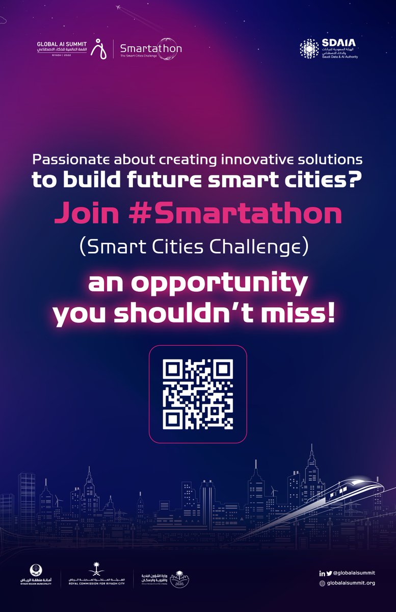 globalaisummit's tweet photo. Eager to be part of smart cities development in the Kingdom?
Register now to join #Smartathon.
https://t.co/1xAQOGVFoK
#SDAIA
#GlobalAISummit https://t.co/DLRH9VunKt