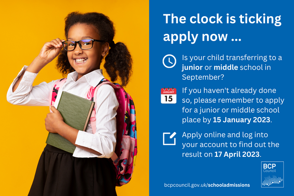 BCPFamilyInfo's tweet photo. Applying for a junior or middle school place for September 2023? Apply by 15 January 2023!
Apply now: https://t.co/zvPHgCX1Tg
Moving to a new school with an education, health and care plan:
https://t.co/OB7N69Rpz1
#BCPSENDLocalOffer #BCPFamilyInformation https://t.co/UB6ve2OHRA