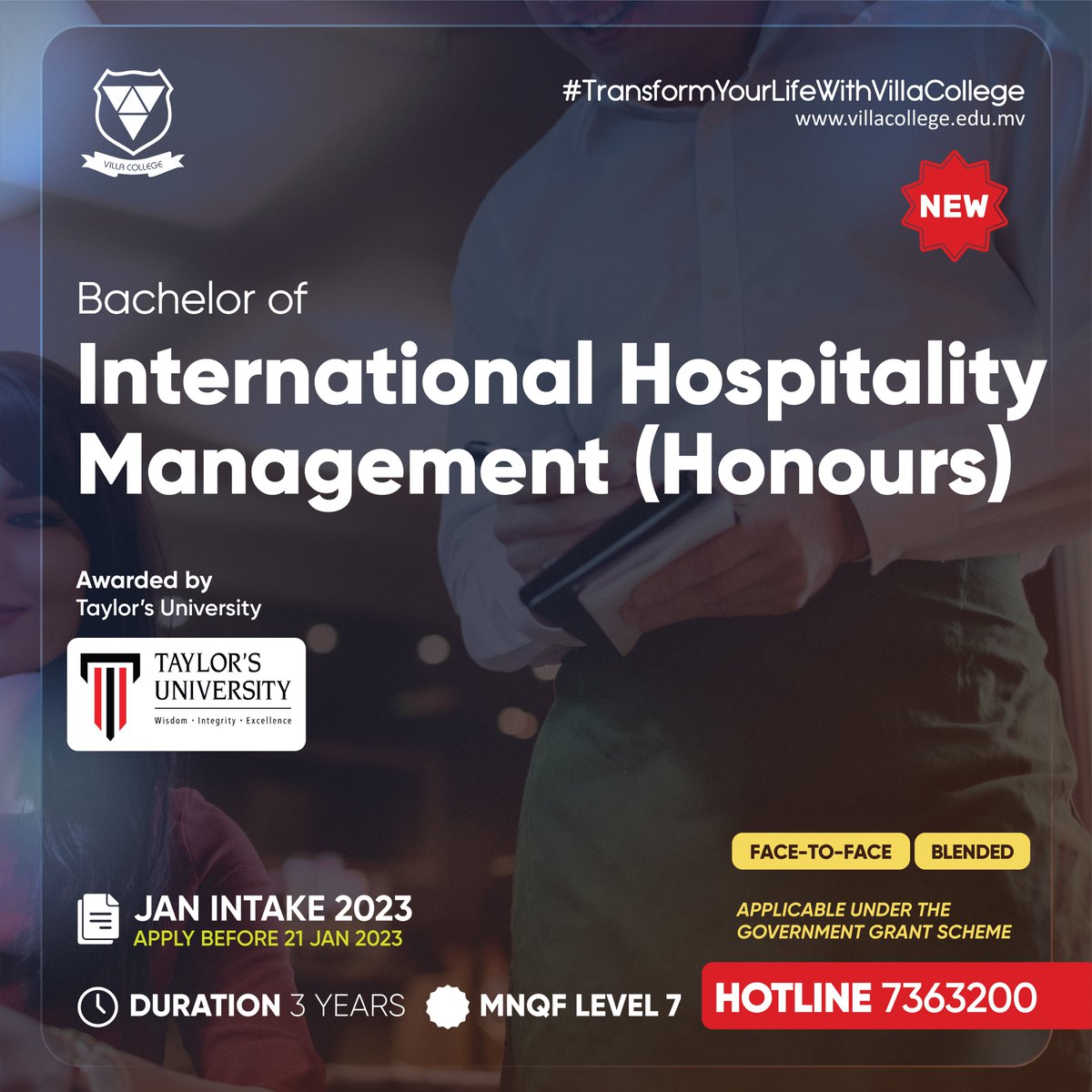VillaCollegeMv's tweet photo. Introducing our brand-new Taylor's University programme for January Intake 2023!

Bachelor of International Hospitality Management (Honours).

Apply before 21 January 2023
https://t.co/hPoNZQQunh https://t.co/sWwcZdsc12