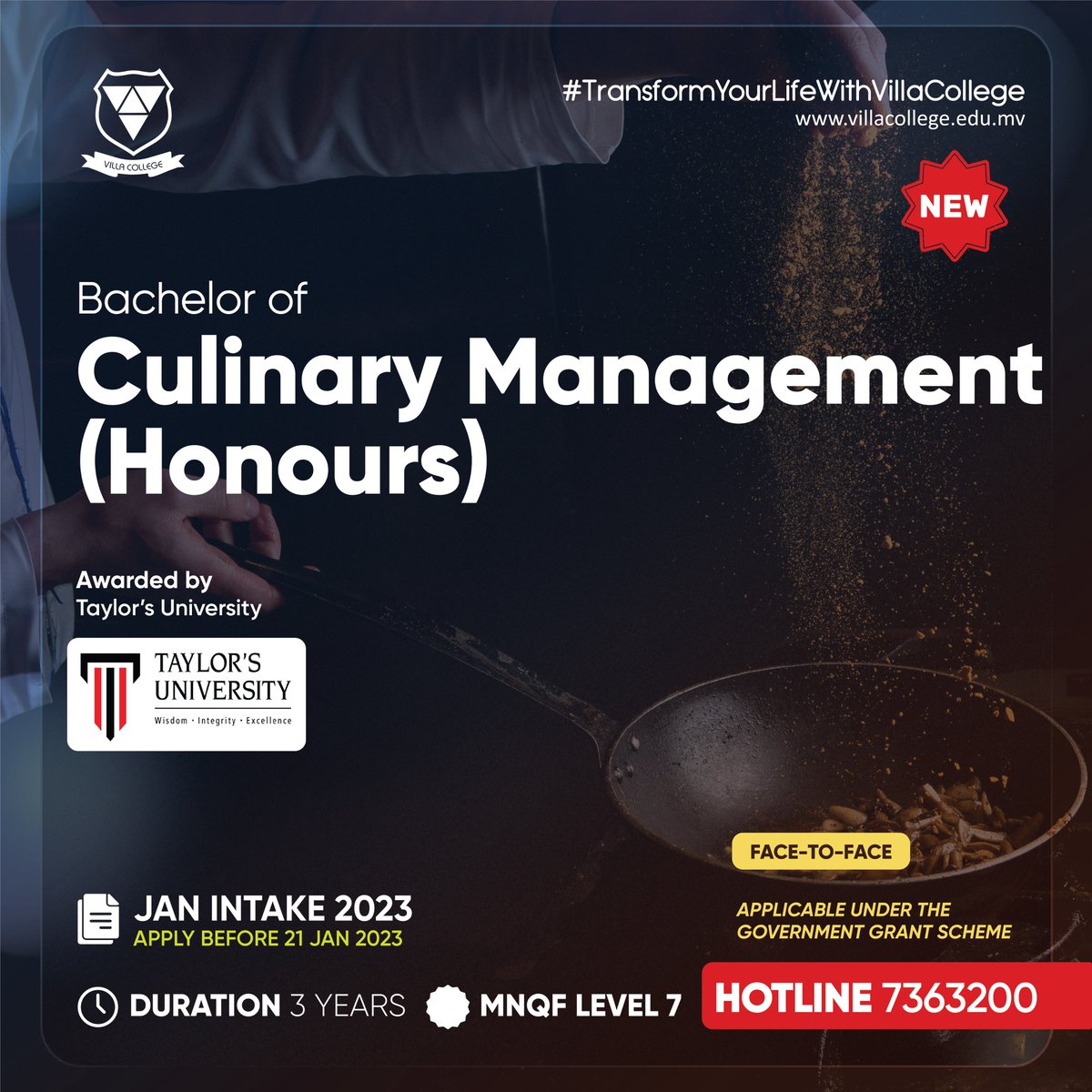 VillaCollegeMv's tweet photo. Introducing our brand-new Taylor's University programme for January Intake 2023!

Bachelor of Culinary Management (Honours).

Apply before 21 January 2023
https://t.co/hPoNZQQunh https://t.co/baWAMHf3eS