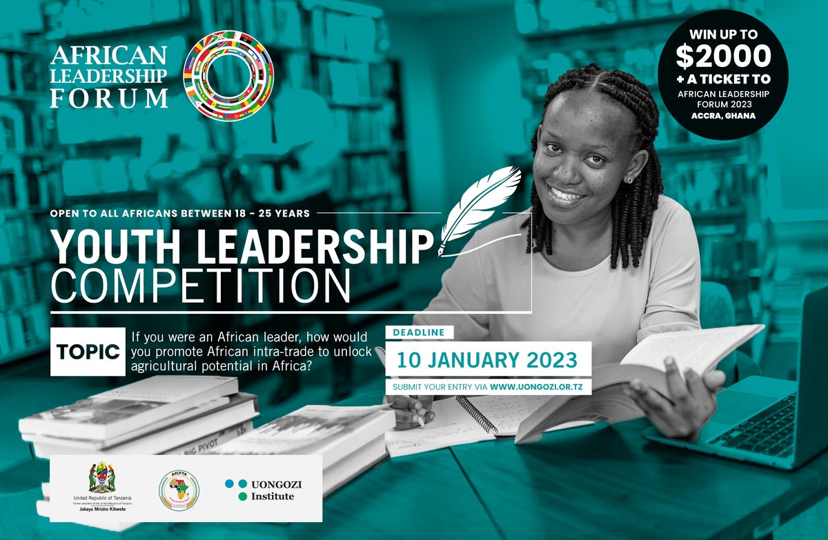 UONGOZI's tweet photo. Only 5 days remain until Jan. 10, the deadline for our Youth Leadership Competition. Submit your entry now: https://t.co/0gUnUqzxf4 

#Youth #Africa #Leadership #Essay #AfCFTA https://t.co/bO2f1b6khD