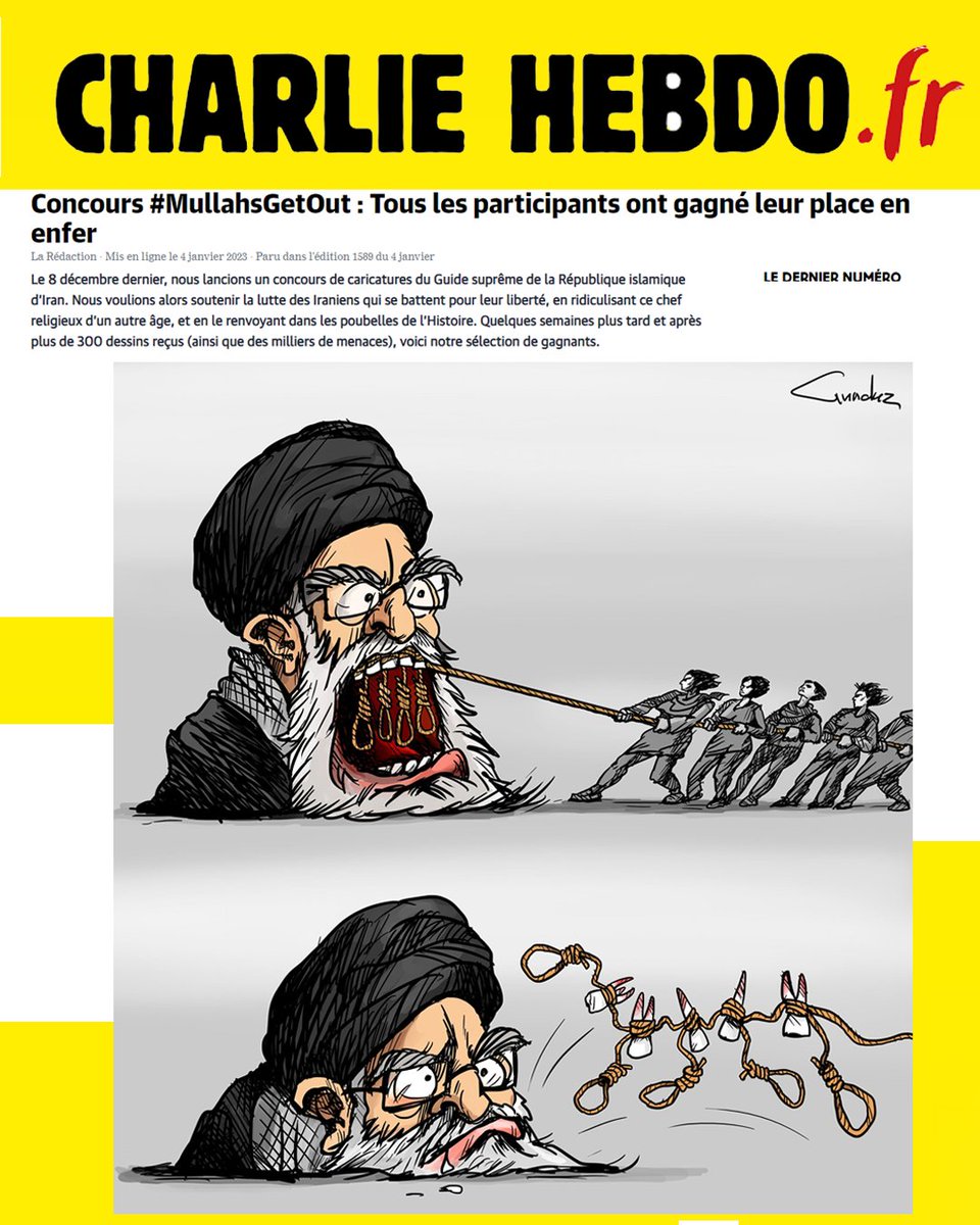 One of my caricature published in #CharlieHebdo . Antigovernment protests continue in Iran, along with regime's violent crackdown.
#Concours #MullahsGetOut #MahsaAmini #IranProtests2022