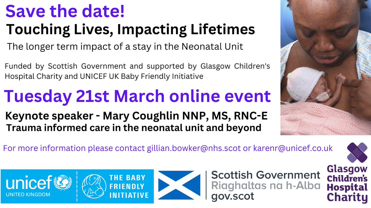 Excited to share our online neonatal conference 21st March “Saving Lives,Touching Lifetimes”funded by <a href="/SGChildMaternal/">Child and Maternal Health</a> and supported by <a href="/babyfriendly/">Baby Friendly UK</a> <a href="/GCH_Charity/">Glasgow Children's Hospital Charity</a>. Great speaker line up including @meccares <a href="/sensorybegin/">Sensory Beginnings</a> <a href="/KarenTosh3/">Karen Tosh</a> <a href="/AlisonMcFDundee/">Prof Alison McFadden</a> <a href="/Scotmemorymilk/">memorymilkgiftscot</a> <a href="/kread85/">karen read💙</a>