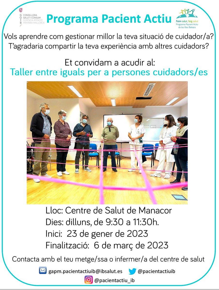 📢Ets una persona cuidadora d'una persona depenent? El nostre taller entre iguals et pot interessar i donar moltes eines per cuidar-te i sentir-te millor🤗
📍<a href="/cssatorre/">C.S. Sa Torre.UBS Son Macià (Manacor)</a>
🗓️Del 23/01 al 06/03
🕤Dilluns de 9.30 a 11.30h
📝Inscripcions: gapm.pacientactiuib@ibsalut.es 
T'esperam!👍
