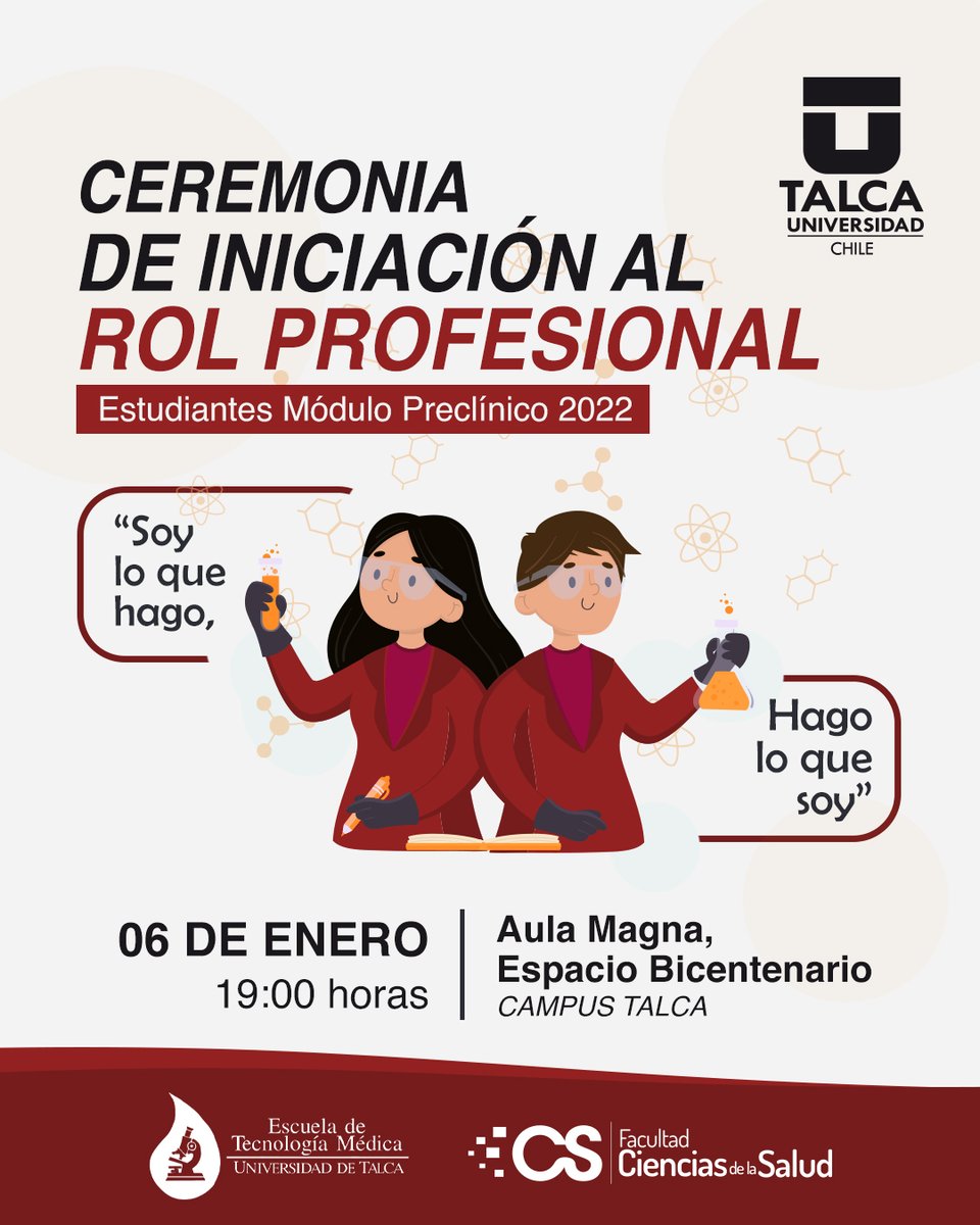 UTalca's tweet photo. 🔹Mañana vienes 6 de enero, a las 19:00 hrs. se realizará la "Ceremonia de Iniciación al rol profesional" de estudiantes de Tecnología Médica UTalca del Módulo Preclínico 2022.

📍 Aula Magna, UTalca.

@CsSaludUTalca https://t.co/auvJvDWGQJ