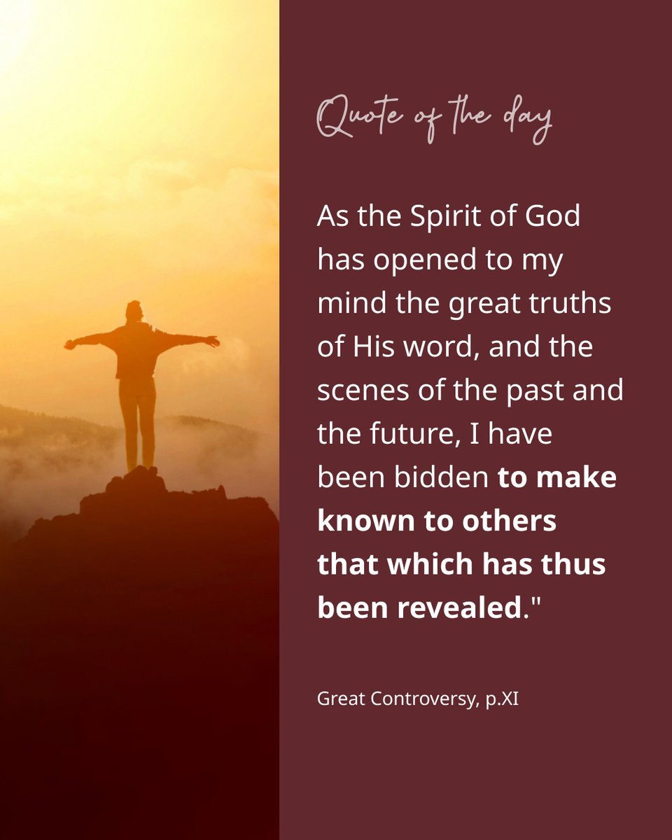 pastortedwilson's tweet photo. God's remnant church will "keep the commandments of God and have the testimony of Jesus Christ" (Rev. 12:17), and "the testimony of Jesus is the spirit of prophecy" (Rev. 19:10). We believe this prophetic gift has been manifested through the writer of The Great Controversy. https://t.co/u0mVTi37xB